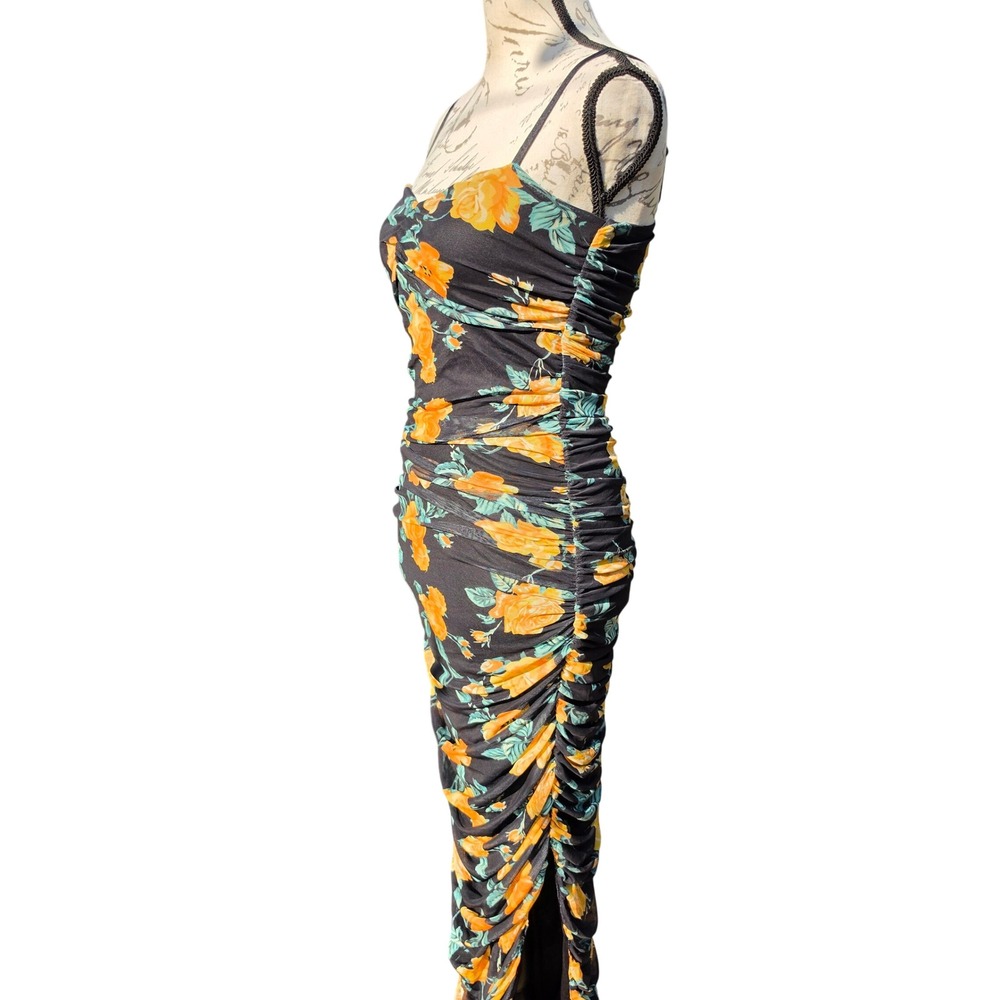Venus NWOT Black Orange Floral Ruched Mesh Maxi Dress Side Slit Size XS - Picture 4 of 9